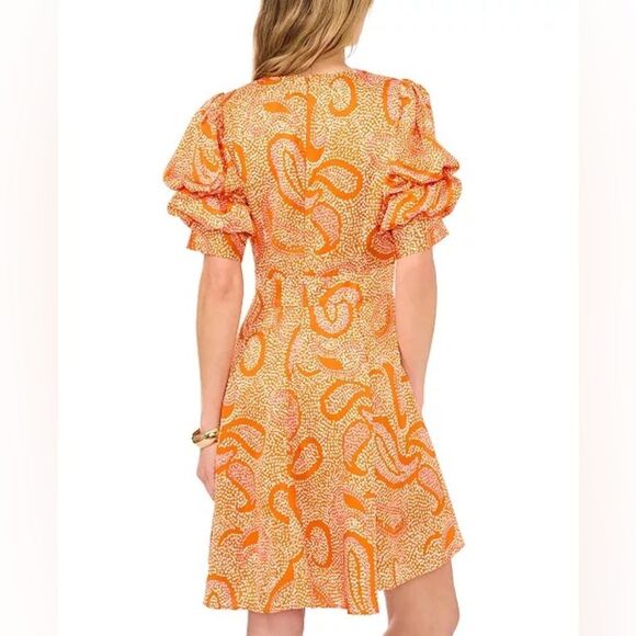 NEW 1.STATE Printed V-Neck Tiered Bubble Puff Sleeve Mini Dress Orange Size XS - Picture 2 of 11